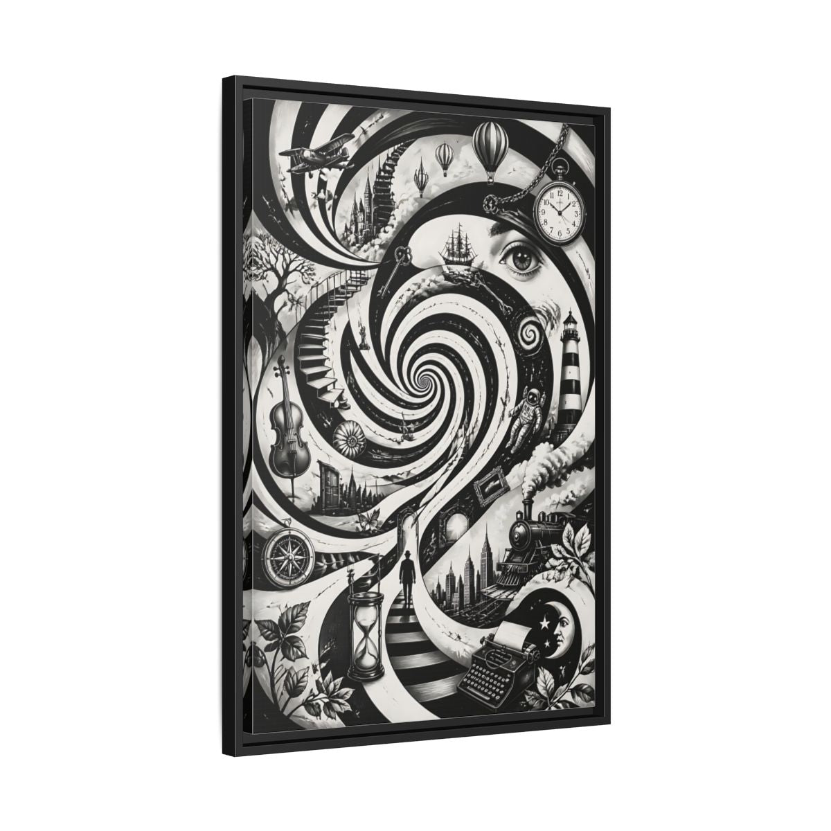 Side Mockup 14. Science Fiction Dream Journey Black And White Fantasy shown as stretched canvas wall art