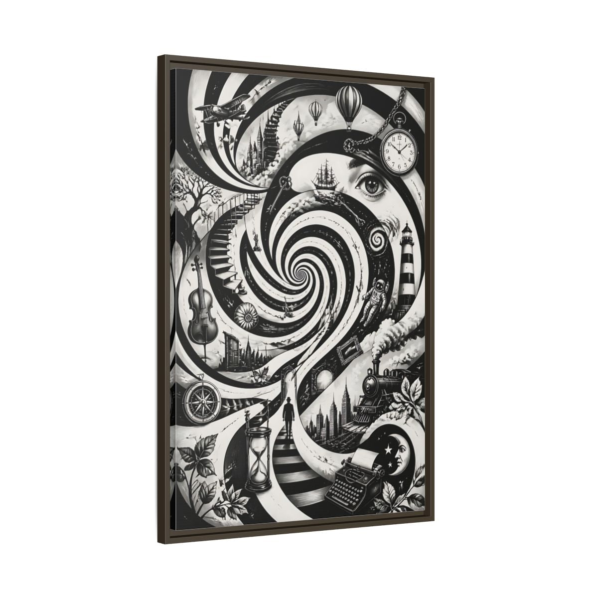 Main Mockup. Science Fiction Dream Journey Black And White Fantasy shown as stretched canvas wall art