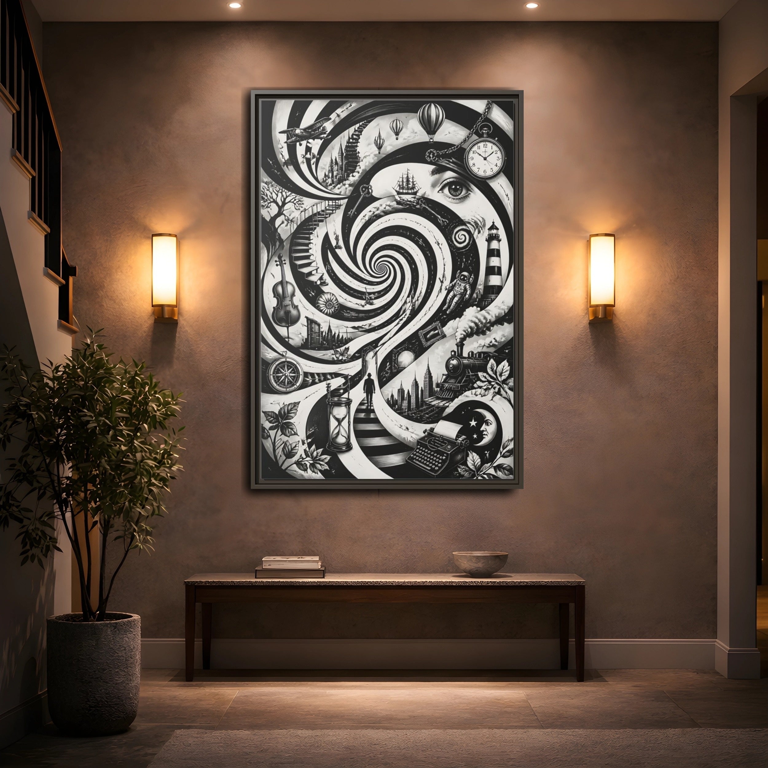 Mockup 2. Science Fiction Dream Journey Black And White Fantasy shown as stretched canvas wall art