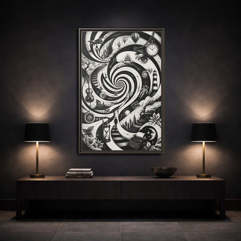 Mockup 3. Science Fiction Dream Journey Black And White Fantasy shown as stretched canvas wall art