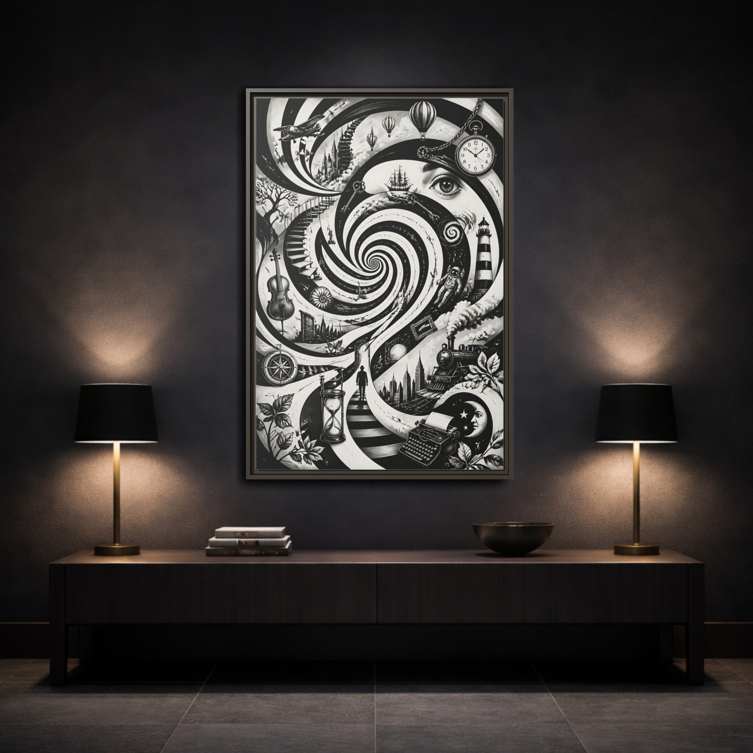 Mockup 3. Science Fiction Dream Journey Black And White Fantasy shown as stretched canvas wall art