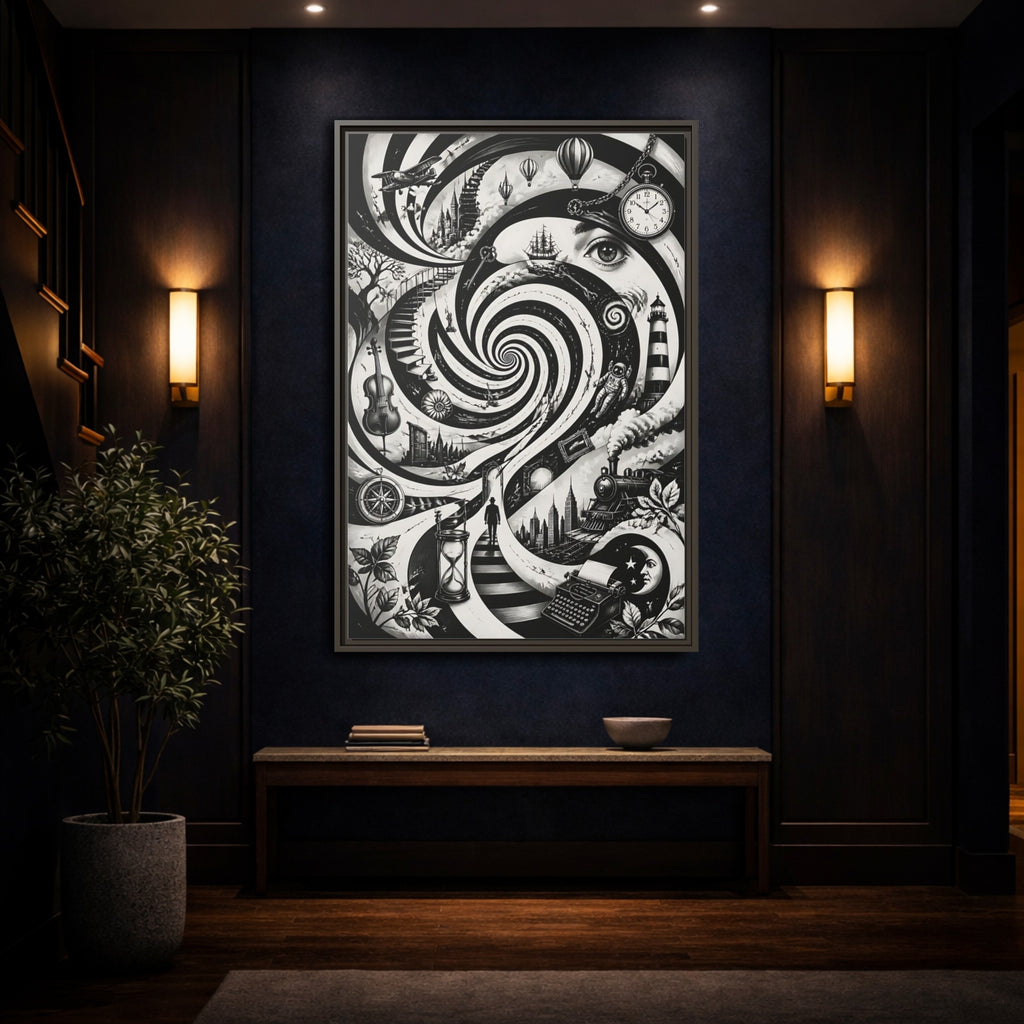 Mockup 4. Science Fiction Dream Journey Black And White Fantasy shown as stretched canvas wall art
