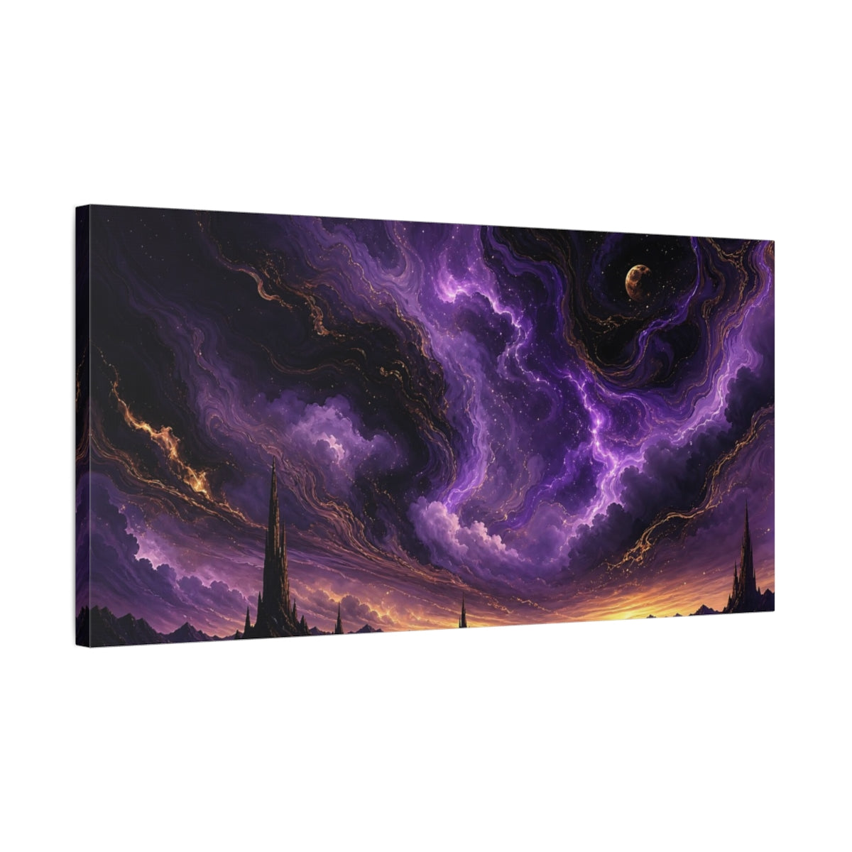 Side Mockup 1. Science Fiction Fantasy Spires Purple Fantasy shown as stretched canvas wall art