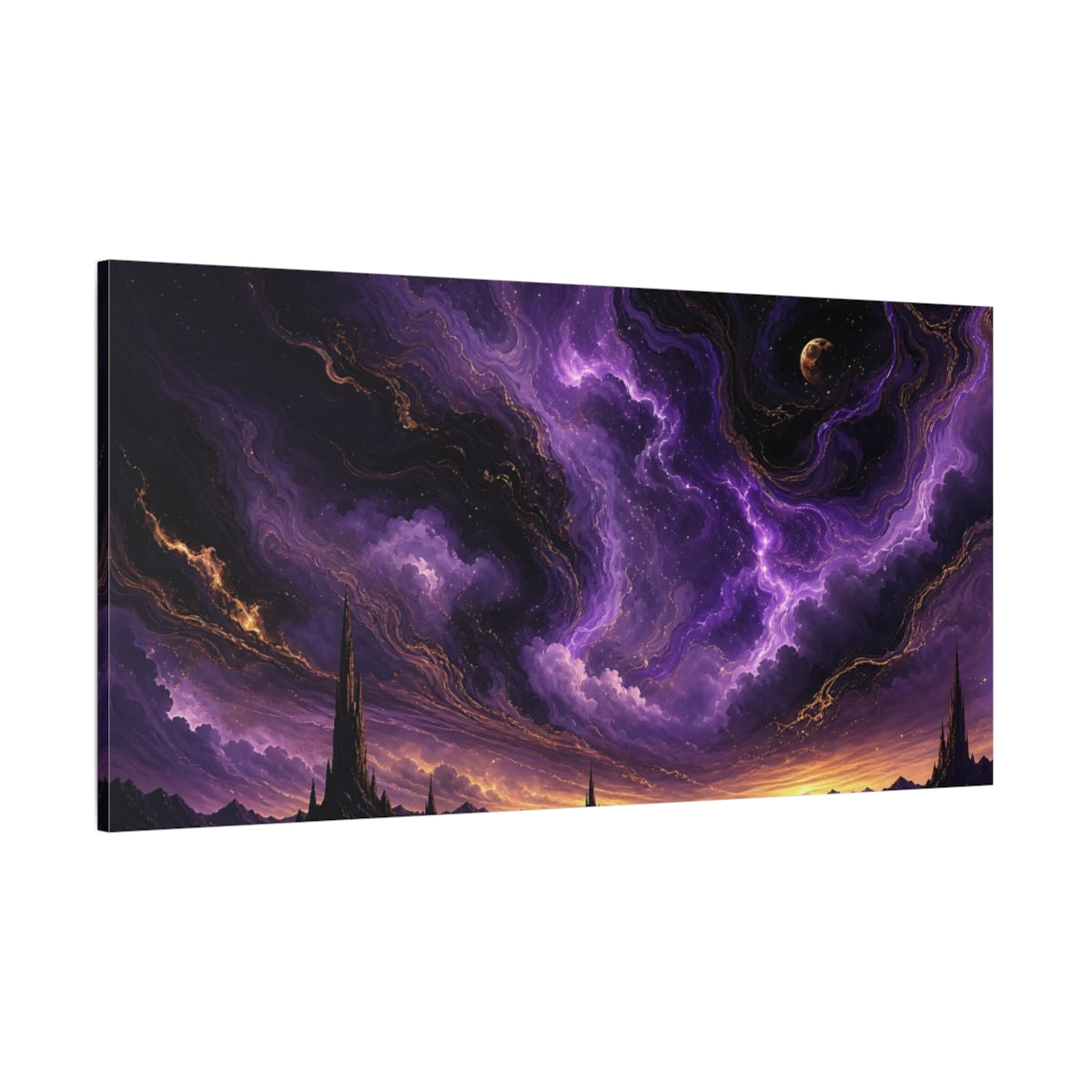 Side Mockup 2. Science Fiction Fantasy Spires Purple Fantasy shown as stretched canvas wall art