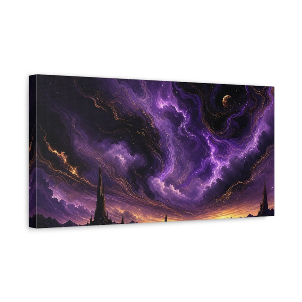 Side Mockup 3. Science Fiction Fantasy Spires Purple Fantasy shown as stretched canvas wall art