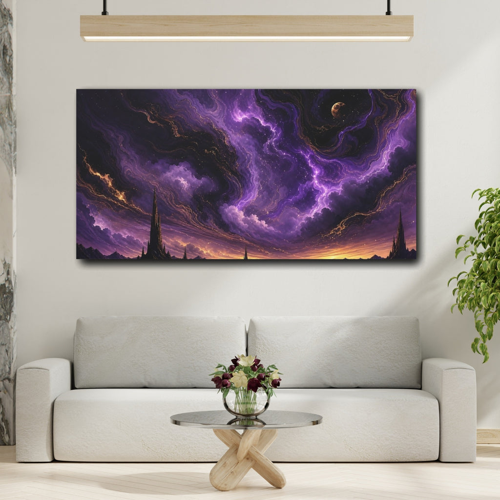Mockup 2. Science Fiction Fantasy Spires Purple Fantasy shown as stretched canvas wall art
