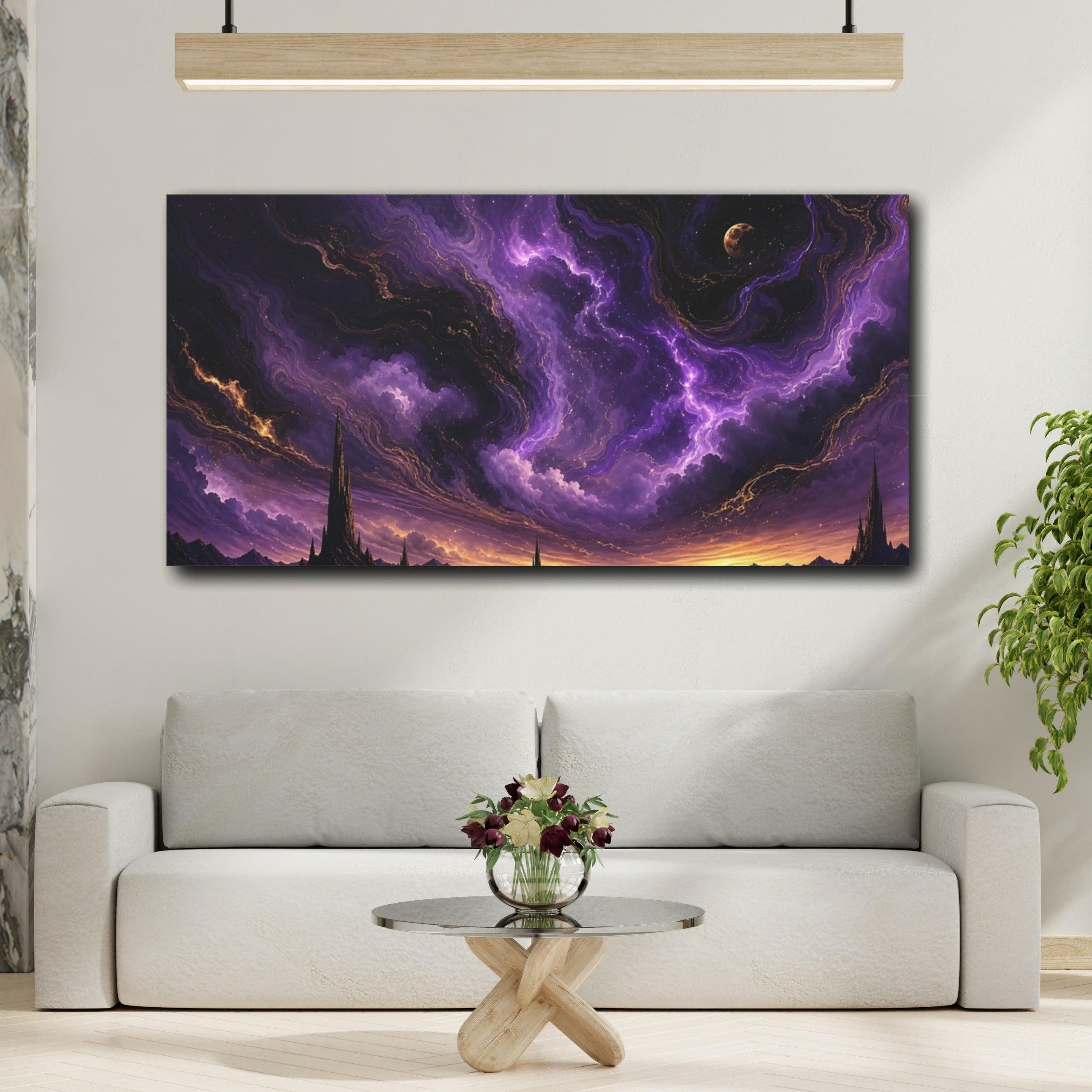 Mockup 2. Science Fiction Fantasy Spires Purple Fantasy shown as stretched canvas wall art