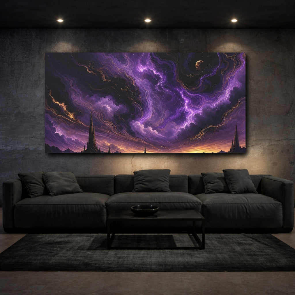 Mockup 3. Science Fiction Fantasy Spires Purple Fantasy shown as stretched canvas wall art