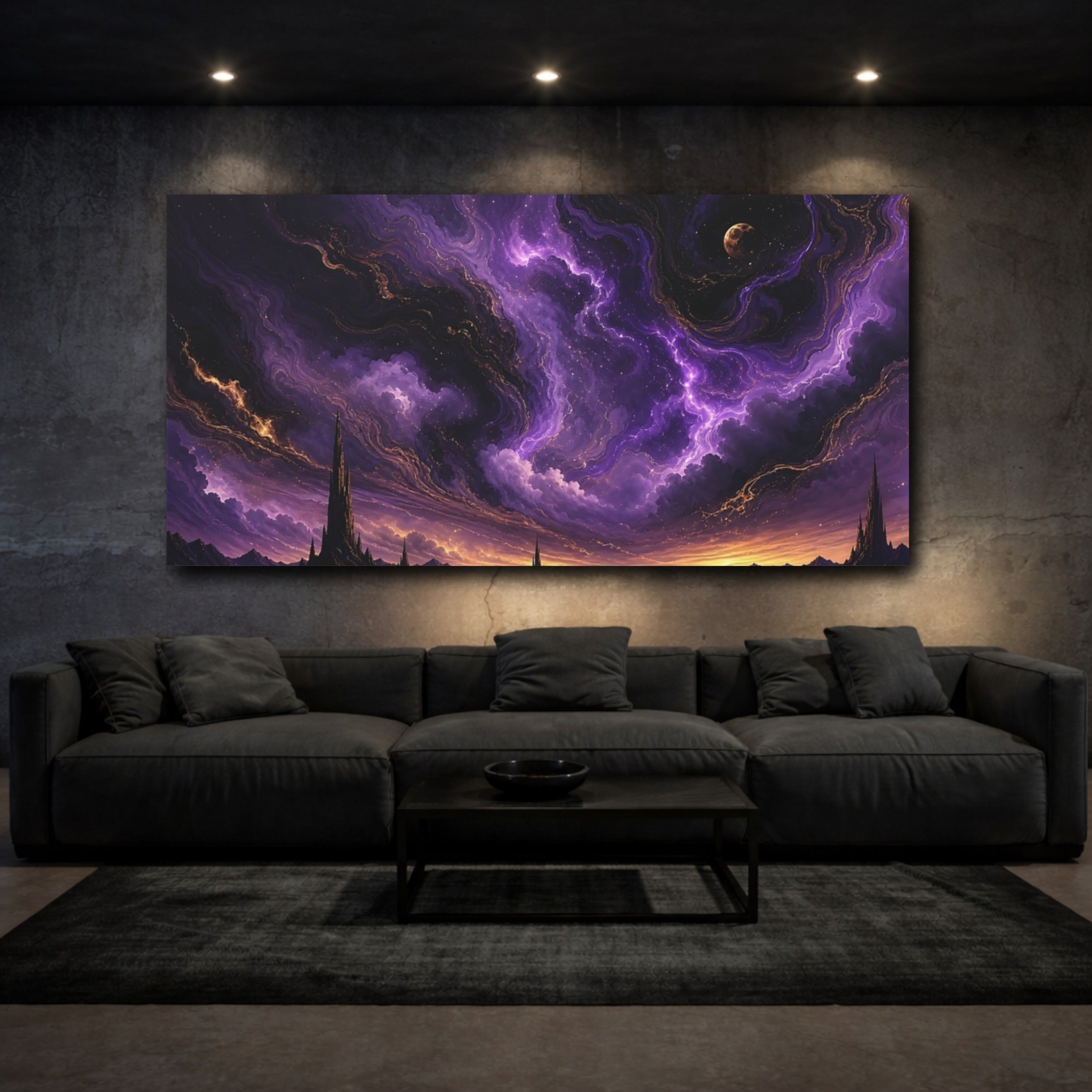 Mockup 3. Science Fiction Fantasy Spires Purple Fantasy shown as stretched canvas wall art