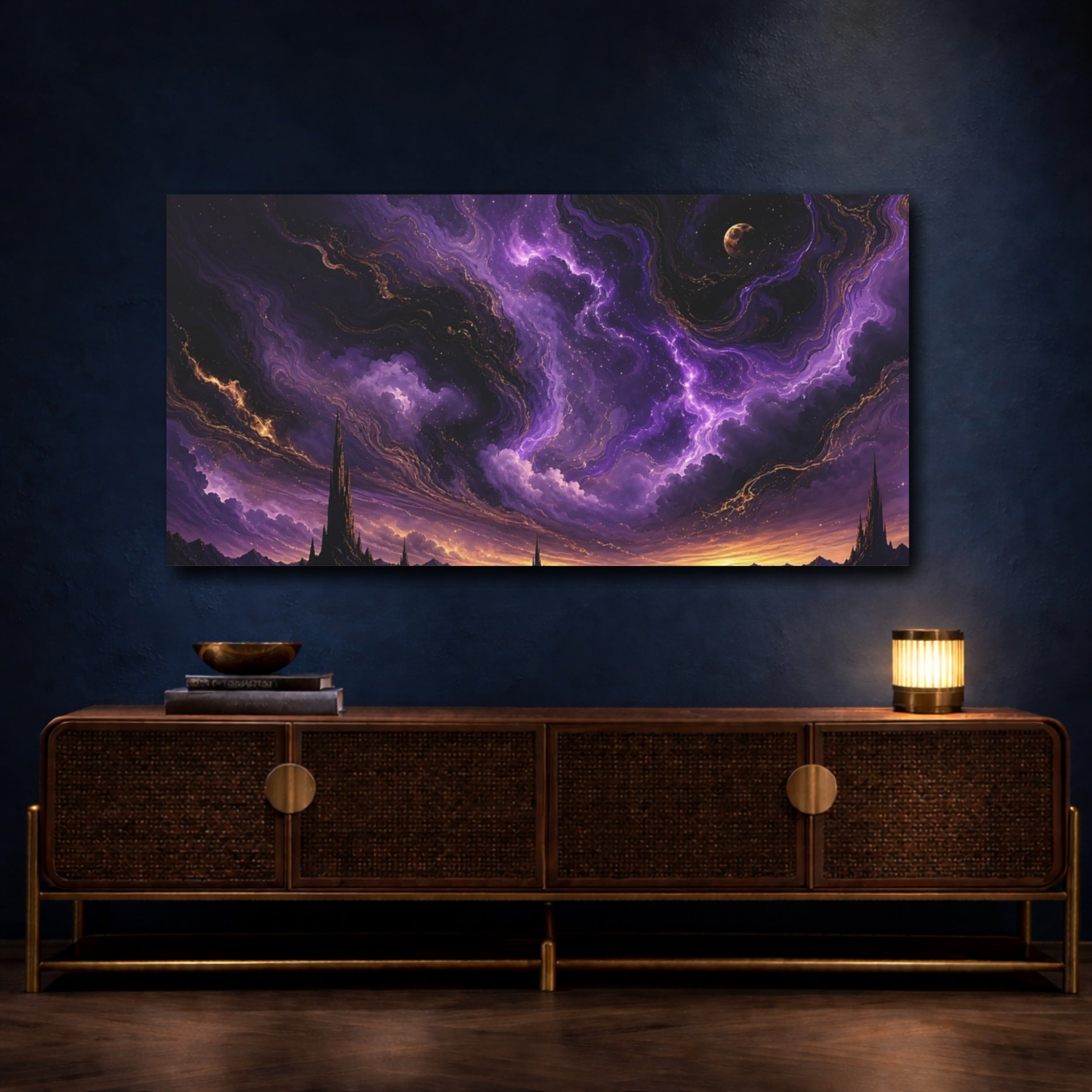Mockup 4. Science Fiction Fantasy Spires Purple Fantasy shown as stretched canvas wall art