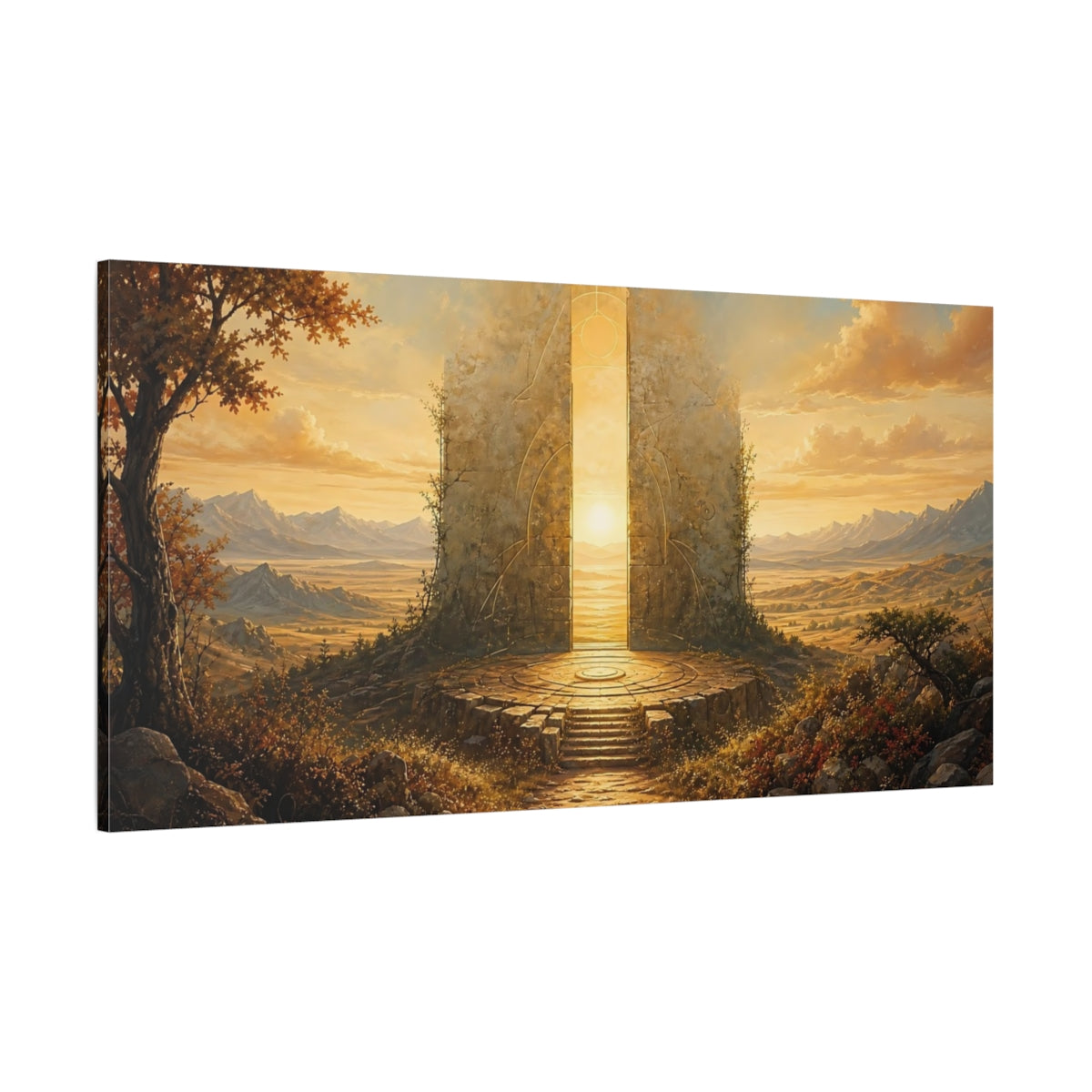 Side Mockup 2. Science Fiction Luminous Gate Golden Gate shown as stretched canvas wall art