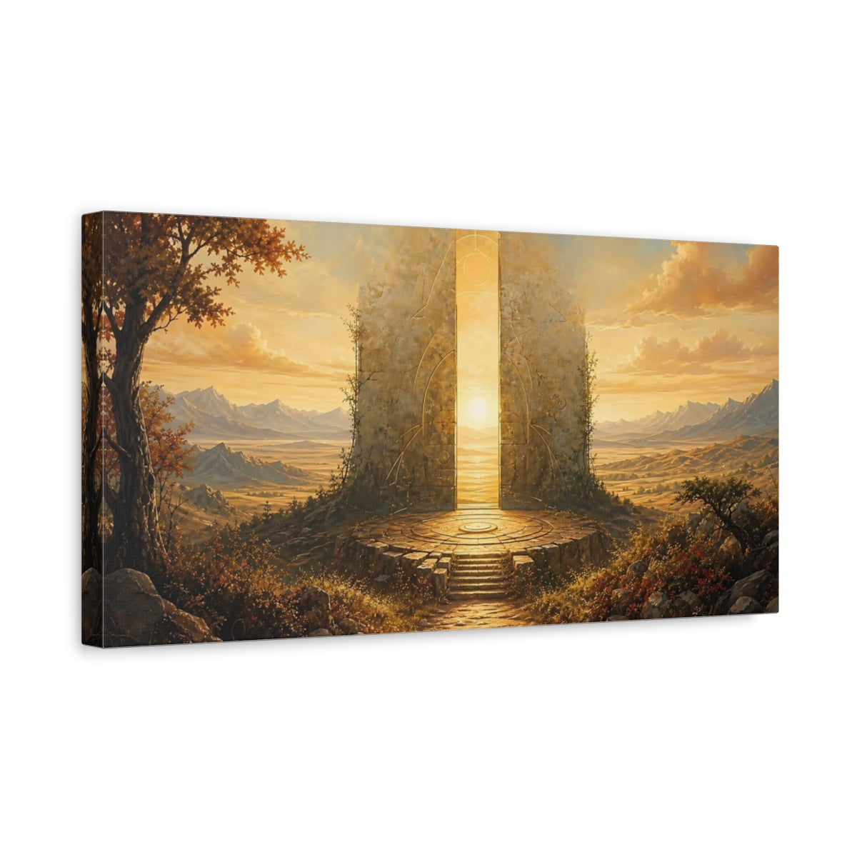 Side Mockup 3. Science Fiction Luminous Gate Golden Gate shown as stretched canvas wall art