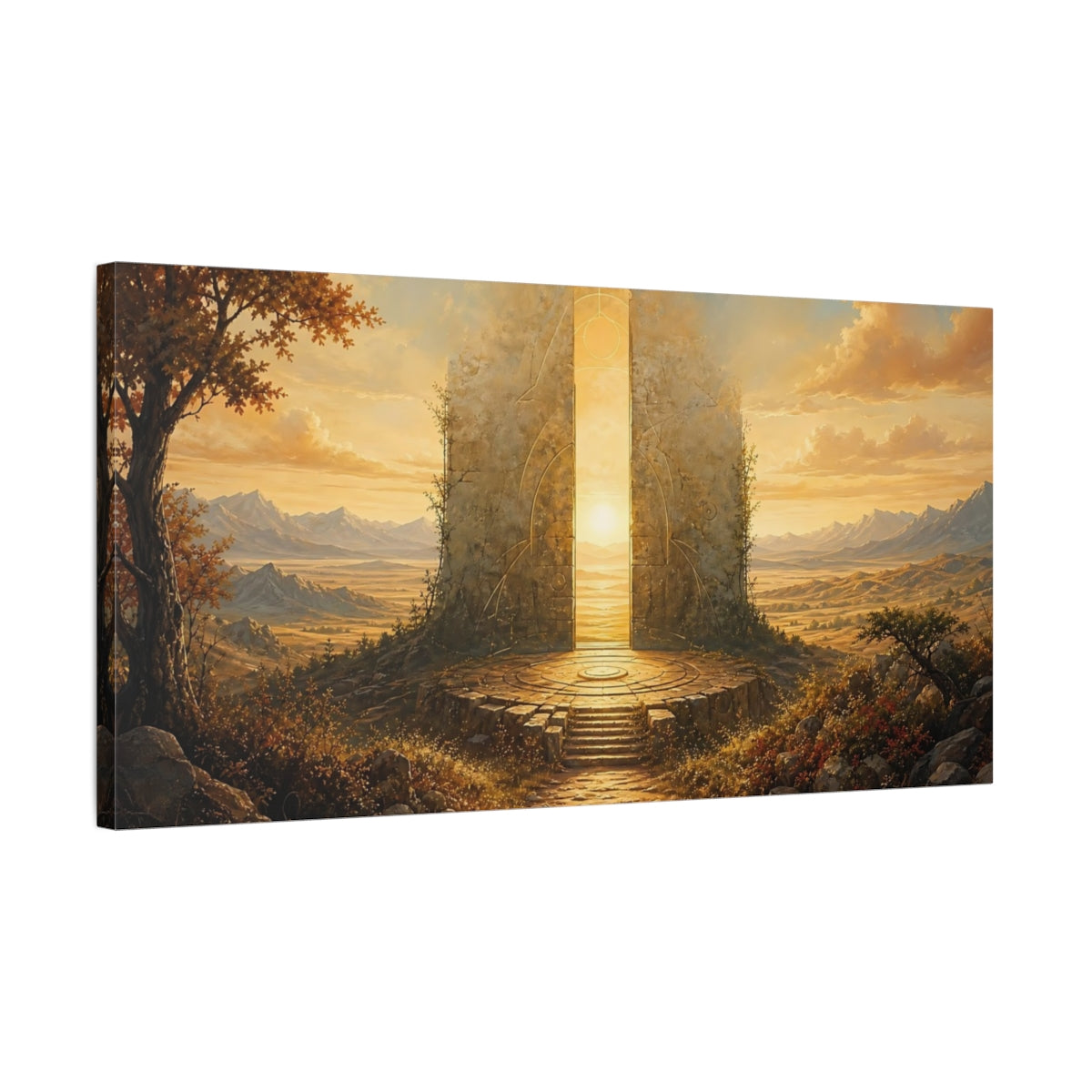 Side Mockup 1. Science Fiction Luminous Gate Golden Gate shown as stretched canvas wall art