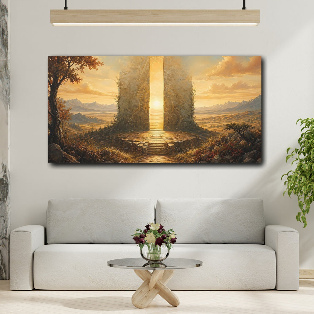 Mockup 2. Science Fiction Luminous Gate Golden Gate shown as stretched canvas wall art