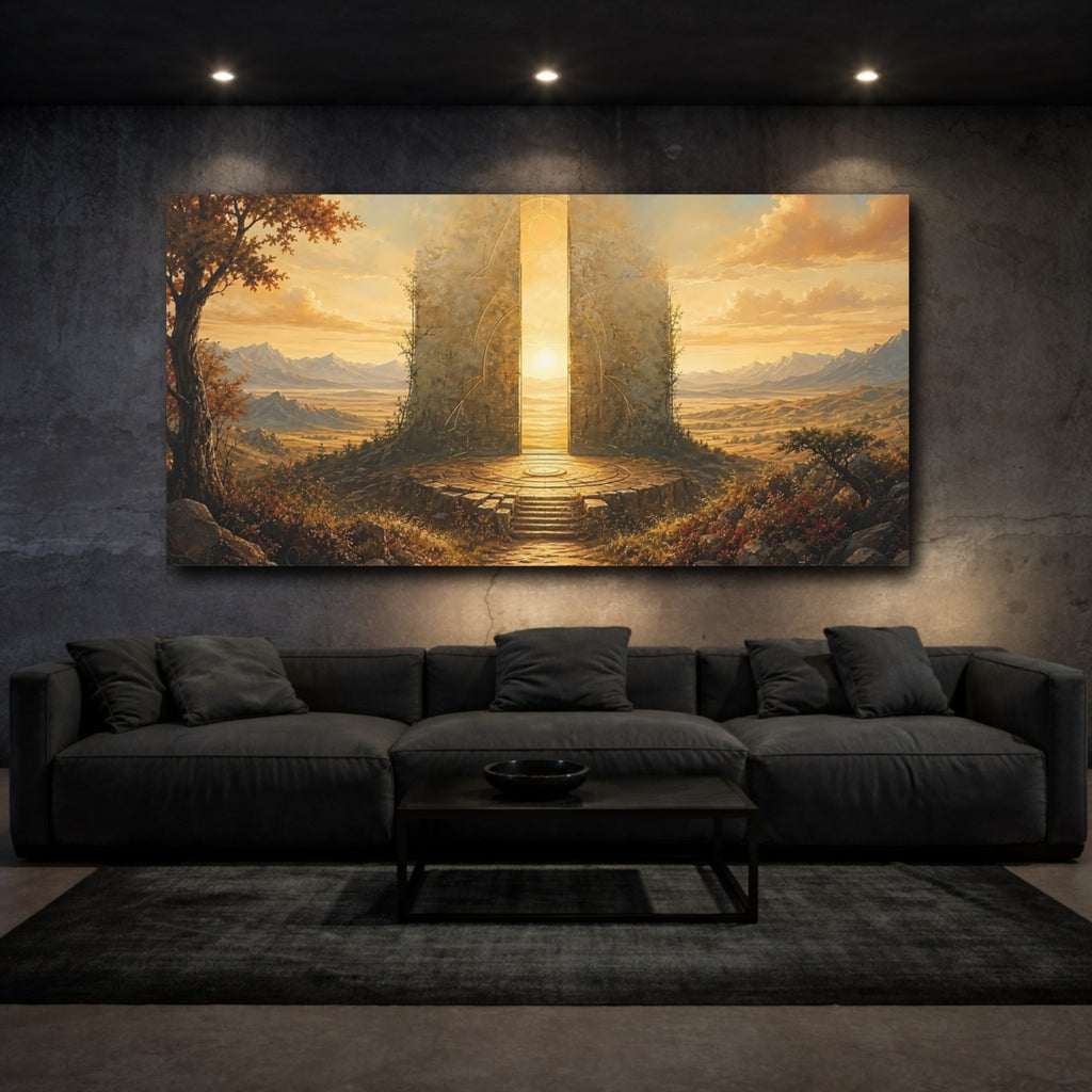 Mockup 3. Science Fiction Luminous Gate Golden Gate shown as stretched canvas wall art