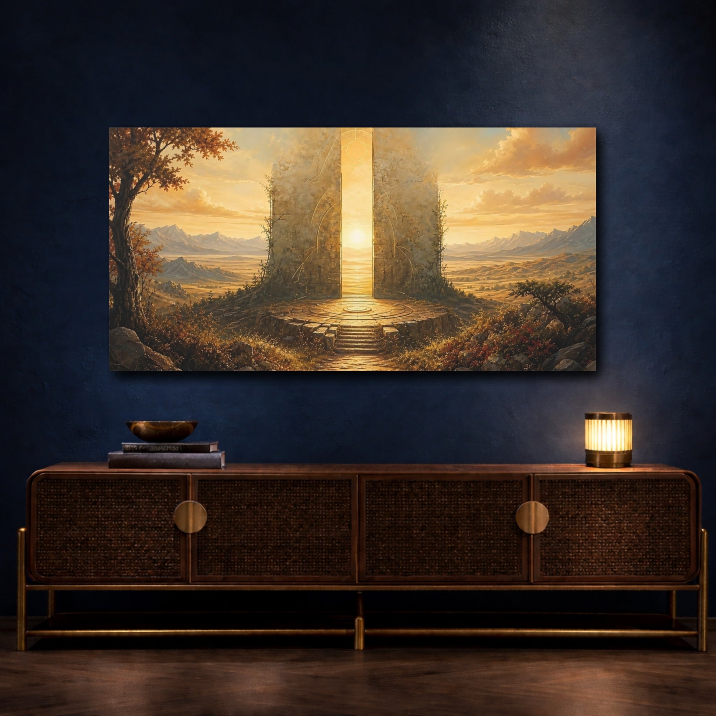 Mockup 4. Science Fiction Luminous Gate Golden Gate shown as stretched canvas wall art