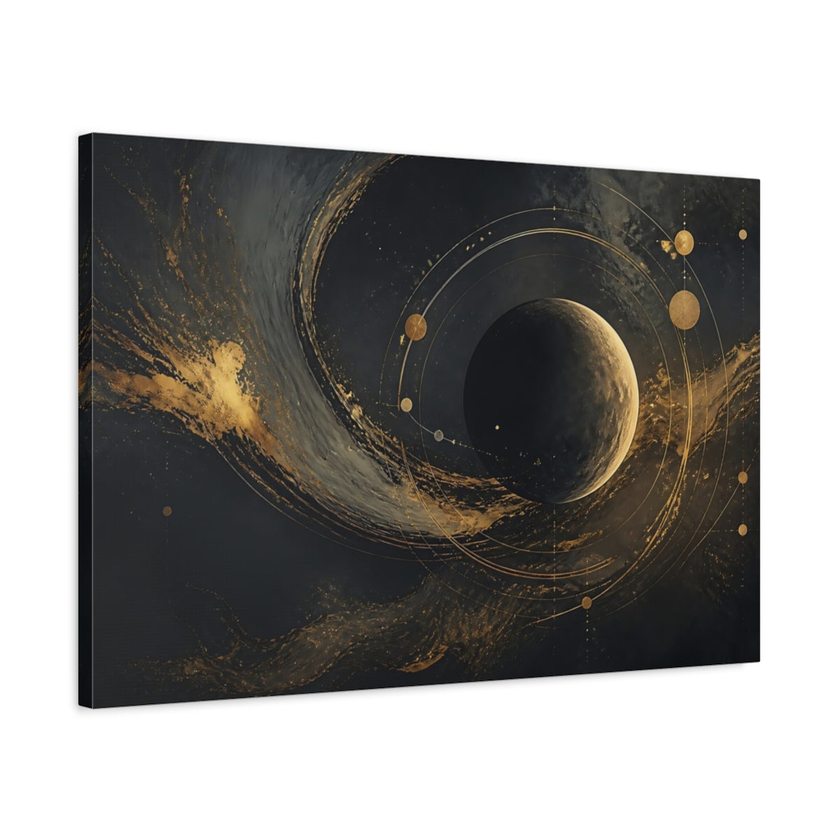 Side Mockup 2. Science Fiction Planet Black And Gold shown as stretched canvas wall art