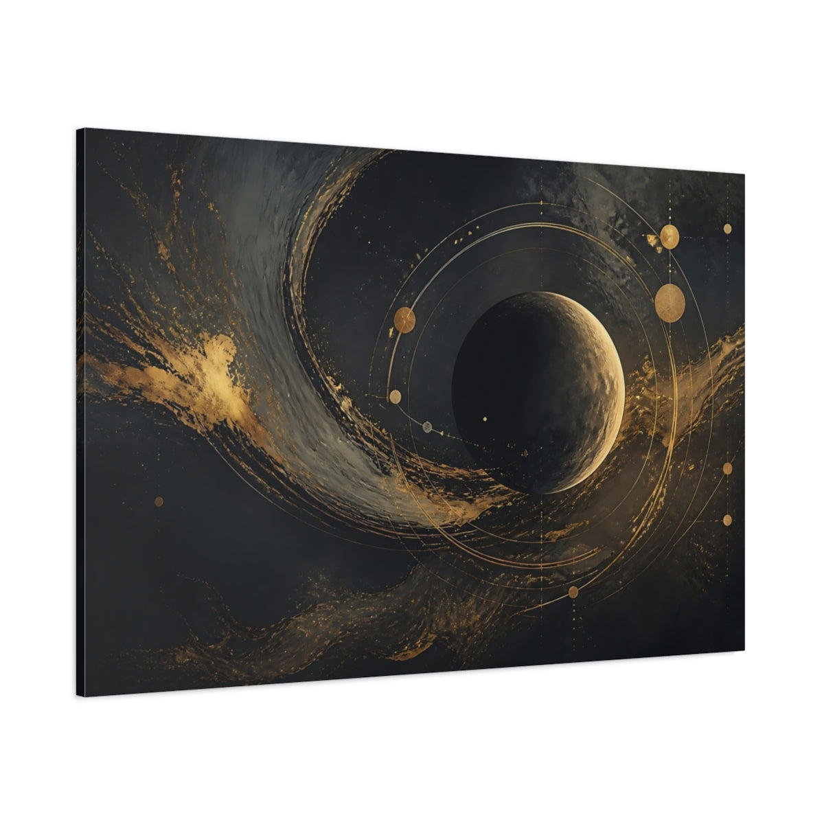 Side Mockup 1. Science Fiction Planet Black And Gold shown as stretched canvas wall art