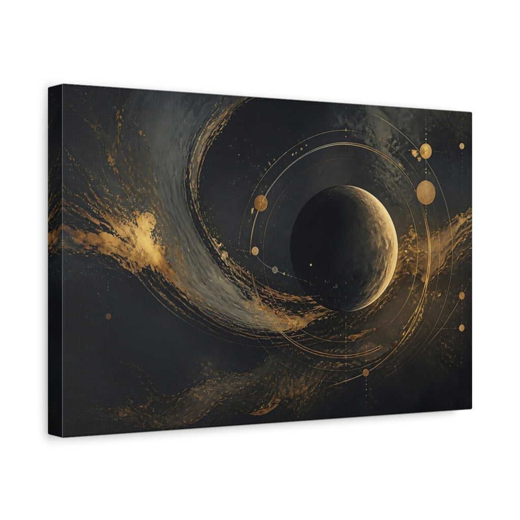 Side Mockup 4. Science Fiction Planet Black And Gold shown as stretched canvas wall art