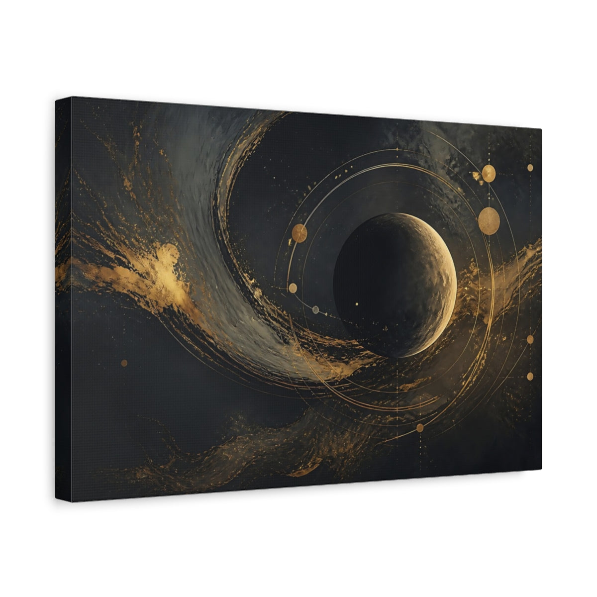 Side Mockup 4. Science Fiction Planet Black And Gold shown as stretched canvas wall art