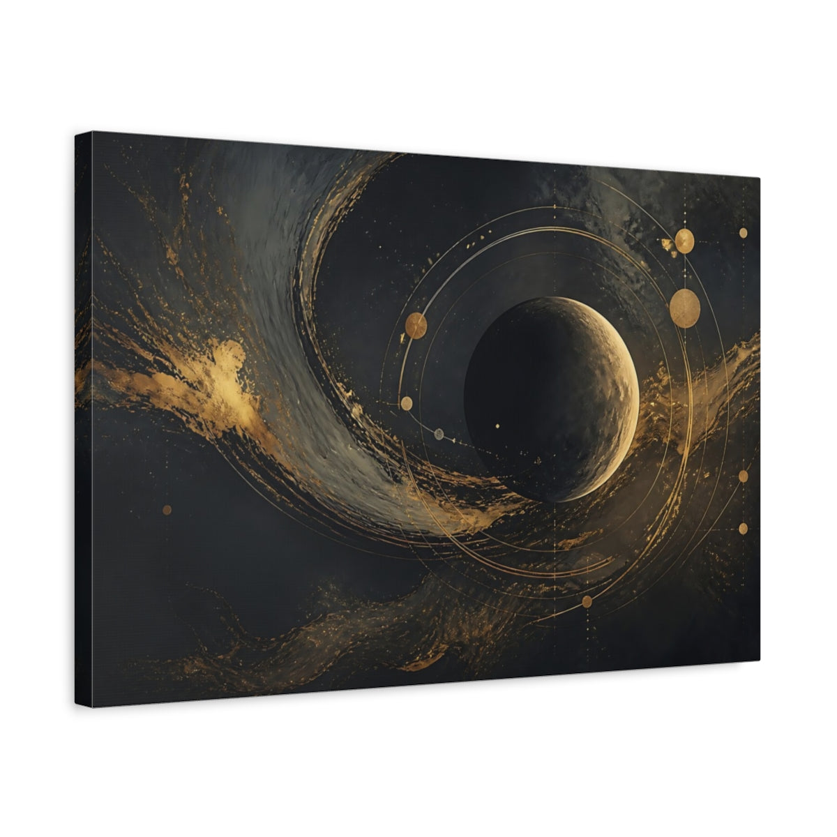 Side Mockup 3. Science Fiction Planet Black And Gold shown as stretched canvas wall art