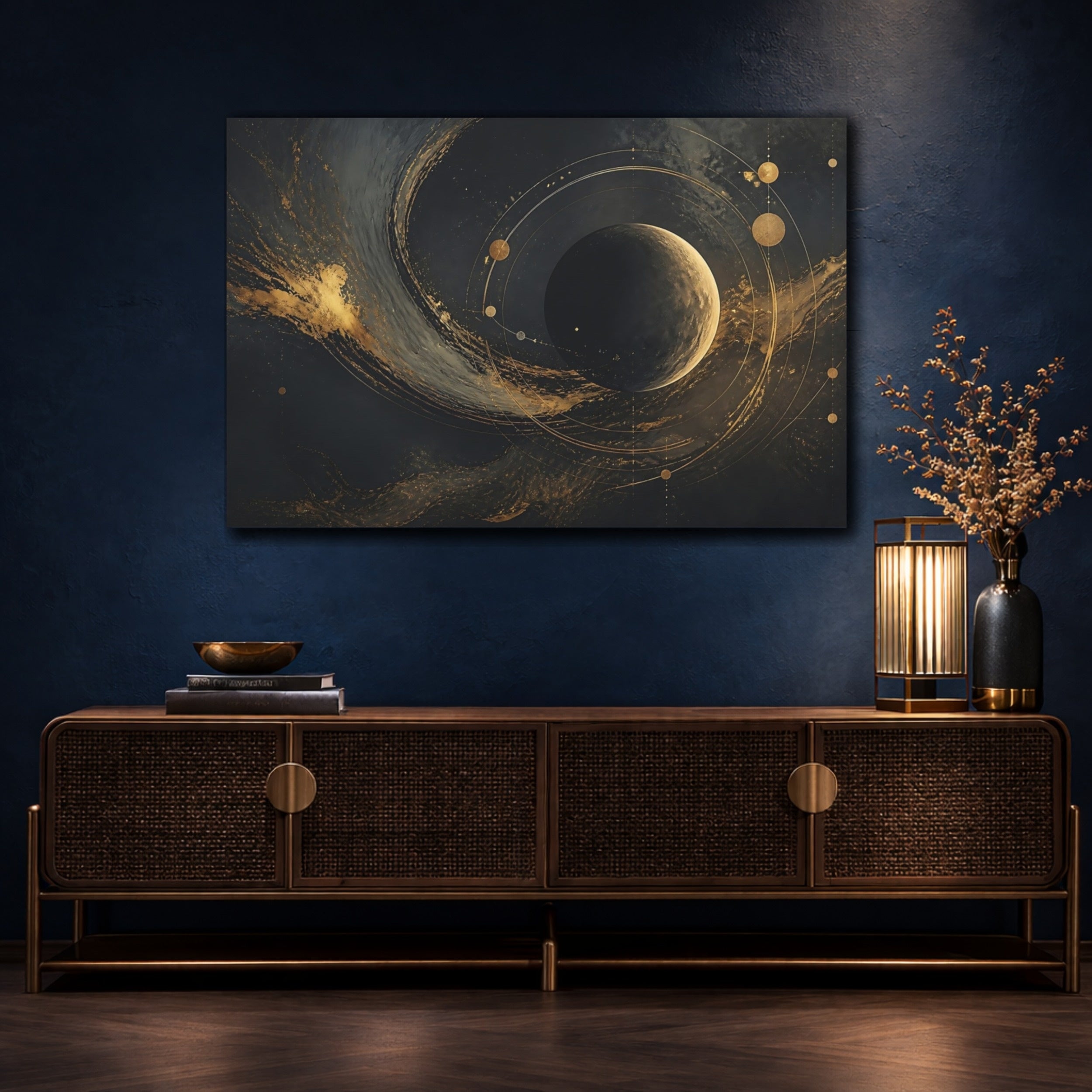Mockup 4. Science Fiction Planet Black And Gold shown as stretched canvas wall art