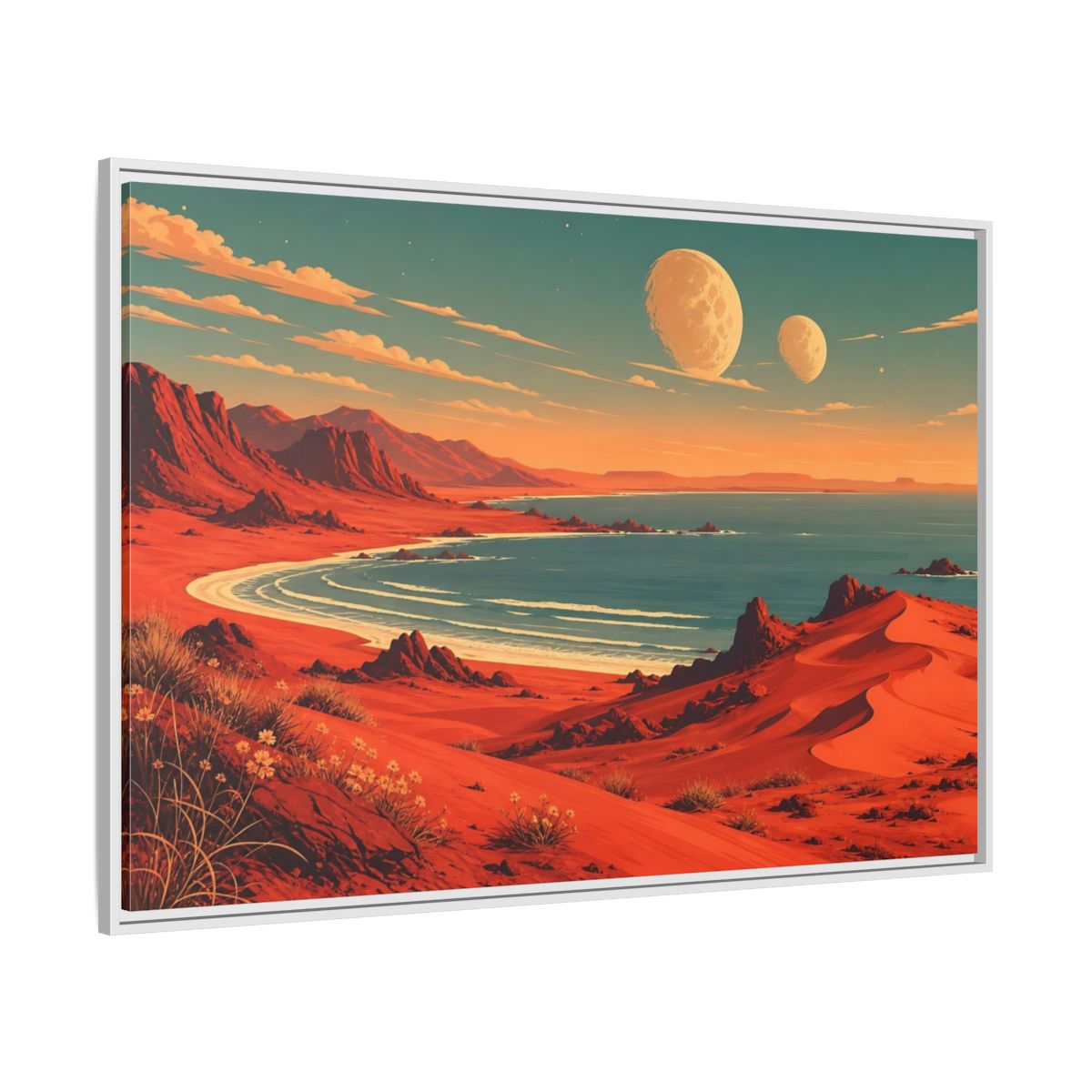Side Mockup 7. Science Fiction Red Landscape Red And Blue shown as stretched canvas wall art