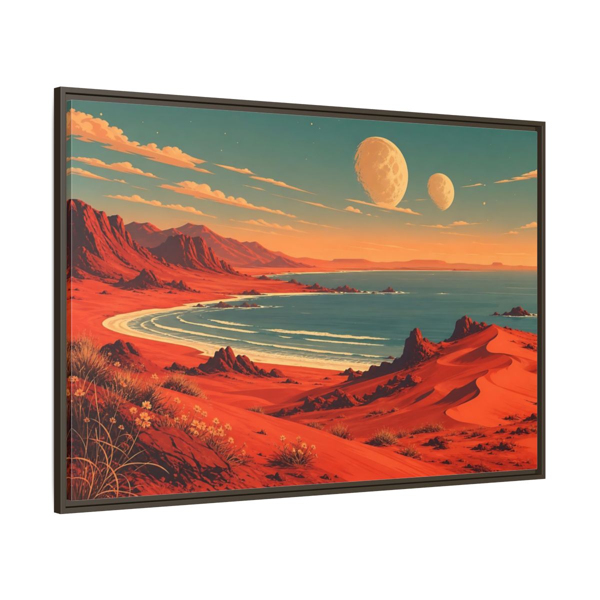 Side Mockup 8. Science Fiction Red Landscape Red And Blue shown as stretched canvas wall art