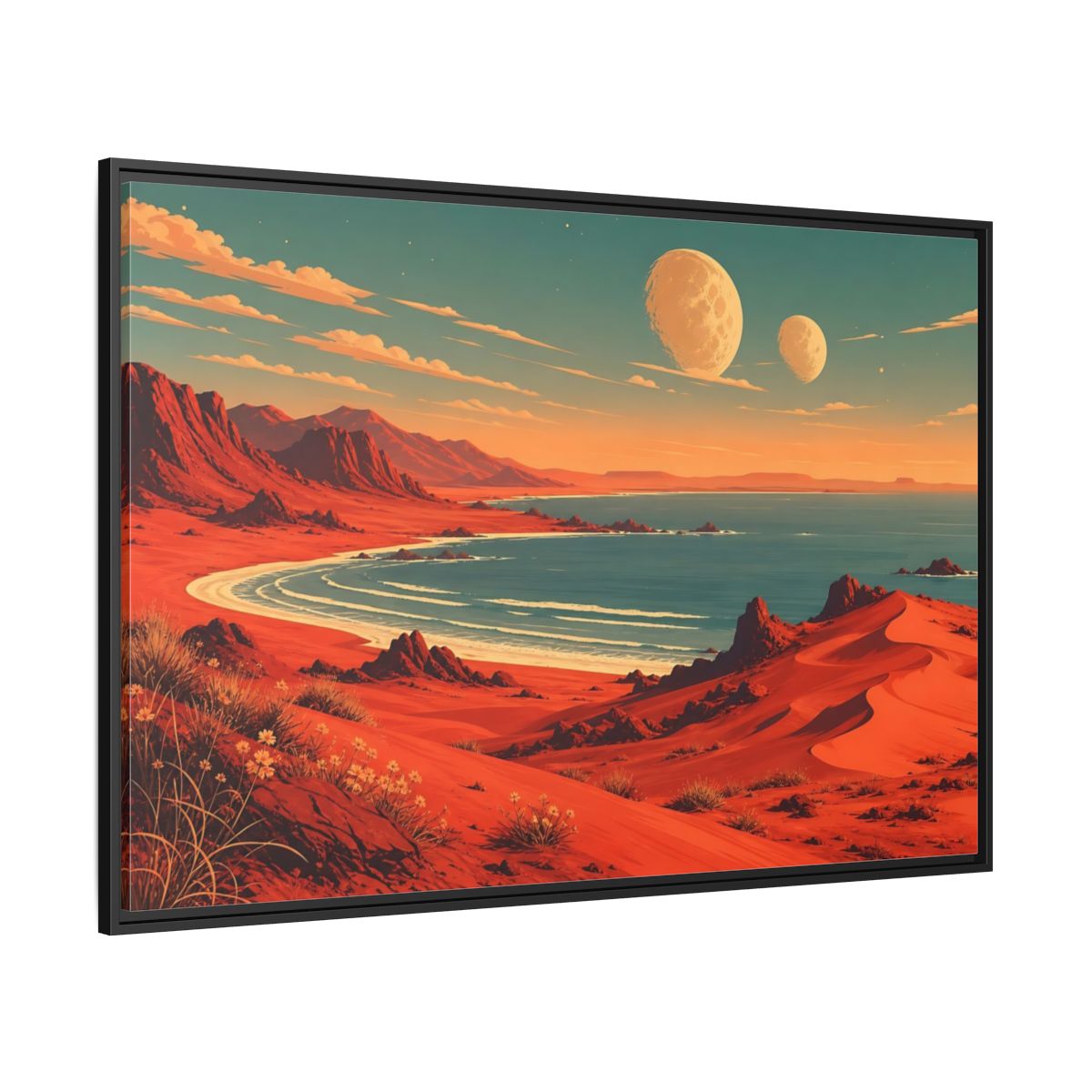 Side Mockup 12. Science Fiction Red Landscape Red And Blue shown as stretched canvas wall art