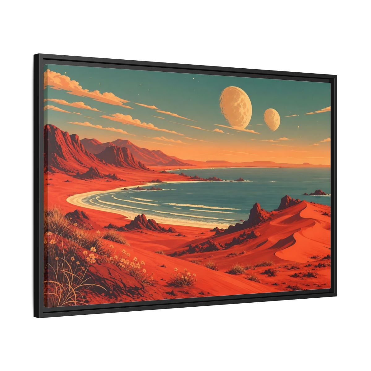Side Mockup 13. Science Fiction Red Landscape Red And Blue shown as stretched canvas wall art