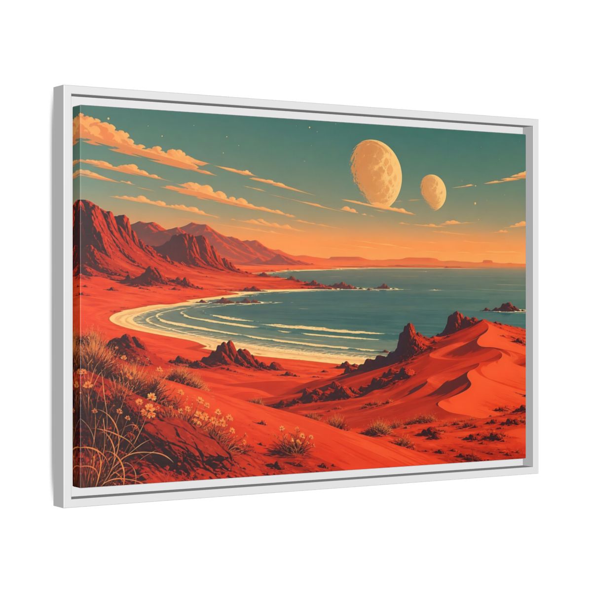 Side Mockup 10. Science Fiction Red Landscape Red And Blue shown as stretched canvas wall art