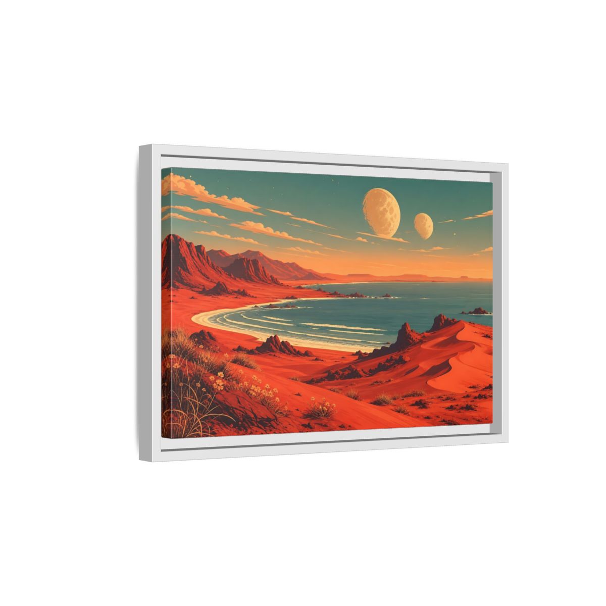 Side Mockup 4. Science Fiction Red Landscape Red And Blue shown as stretched canvas wall art