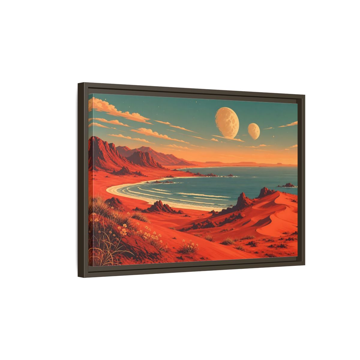 Side Mockup 2. Science Fiction Red Landscape Red And Blue shown as stretched canvas wall art