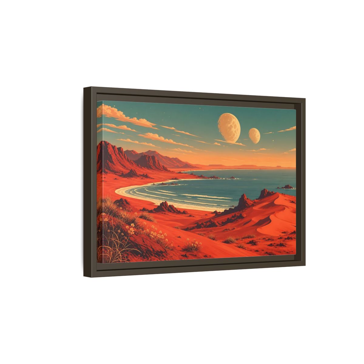 Side Mockup 5. Science Fiction Red Landscape Red And Blue shown as stretched canvas wall art