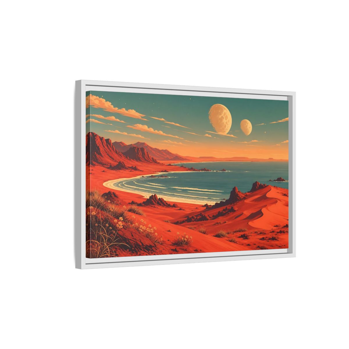 Side Mockup 1. Science Fiction Red Landscape Red And Blue shown as stretched canvas wall art