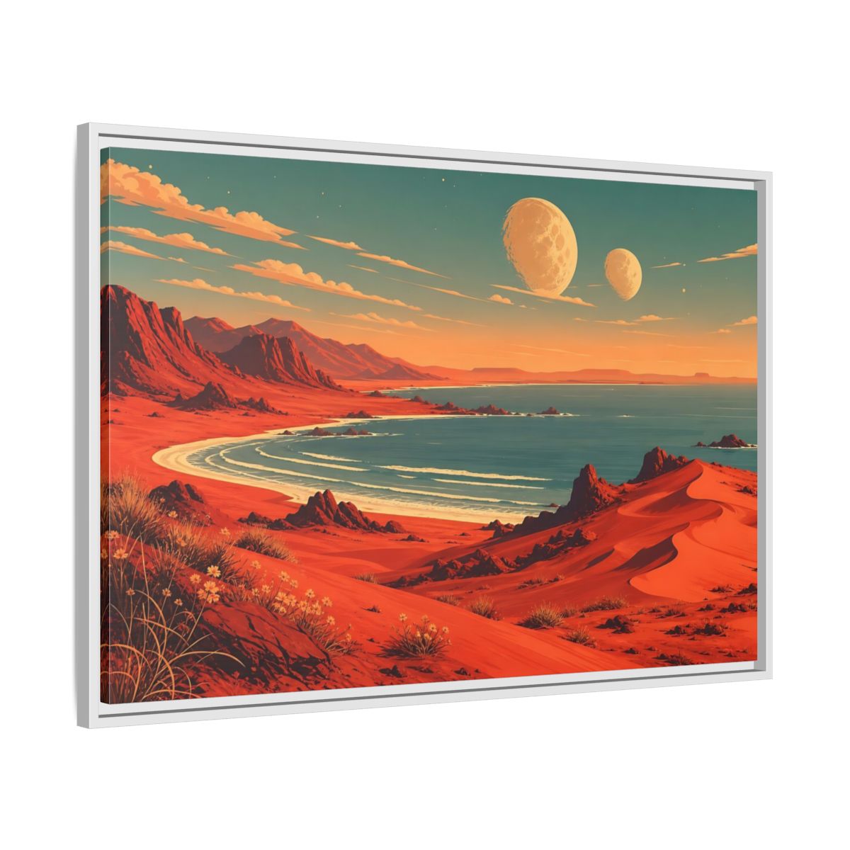 Side Mockup 9. Science Fiction Red Landscape Red And Blue shown as stretched canvas wall art
