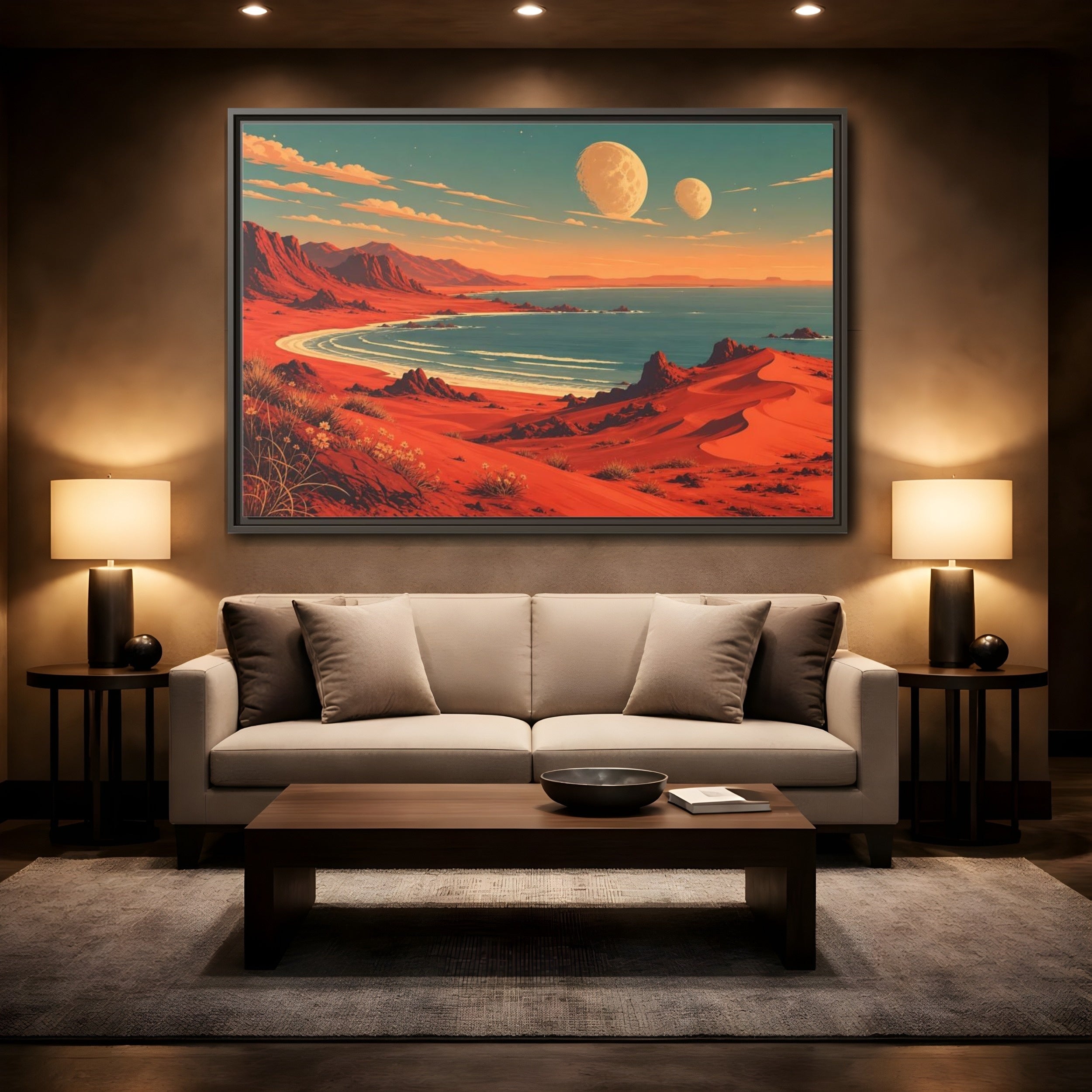 Mockup 2. Science Fiction Red Landscape Red And Blue shown as stretched canvas wall art