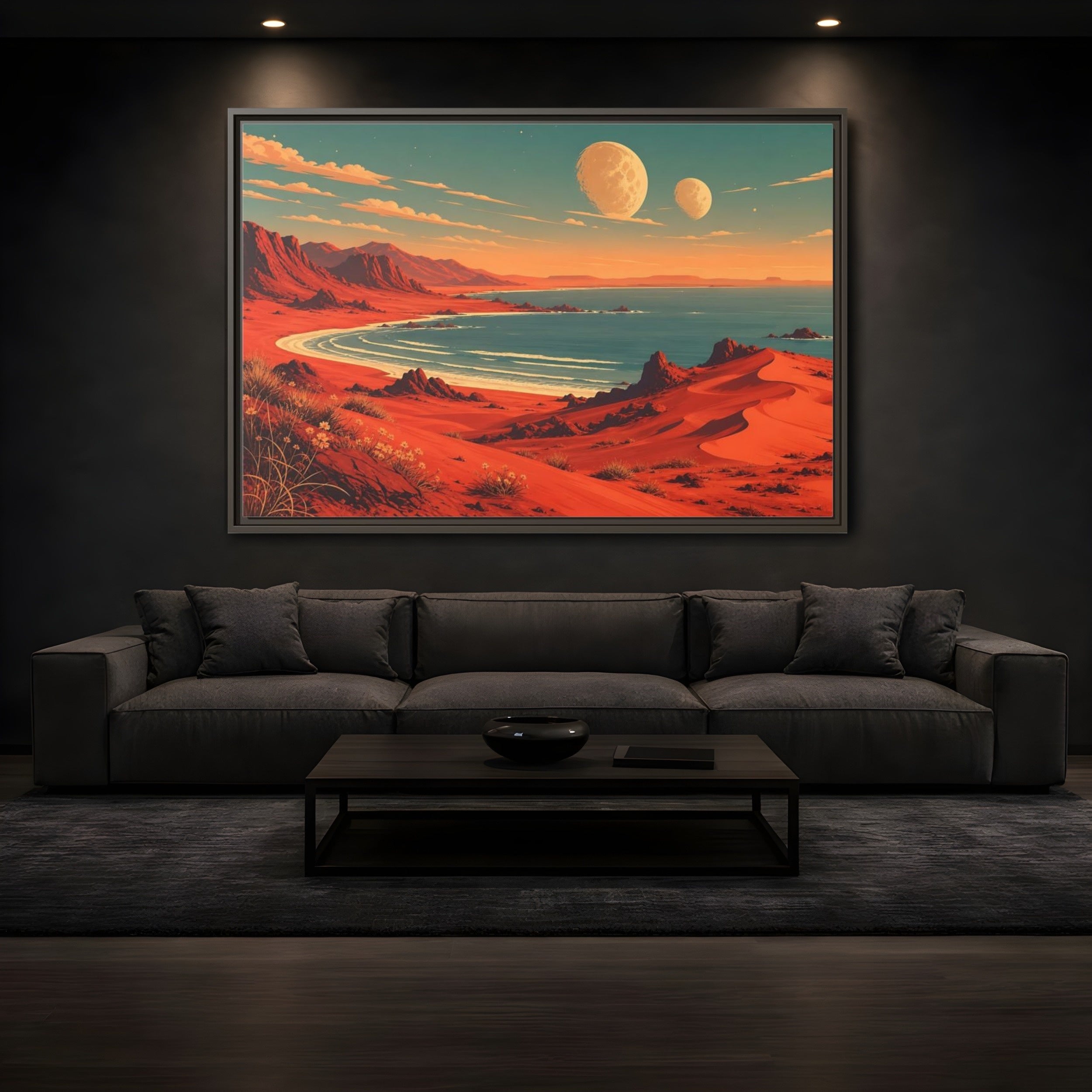 Mockup 3. Science Fiction Red Landscape Red And Blue shown as stretched canvas wall art