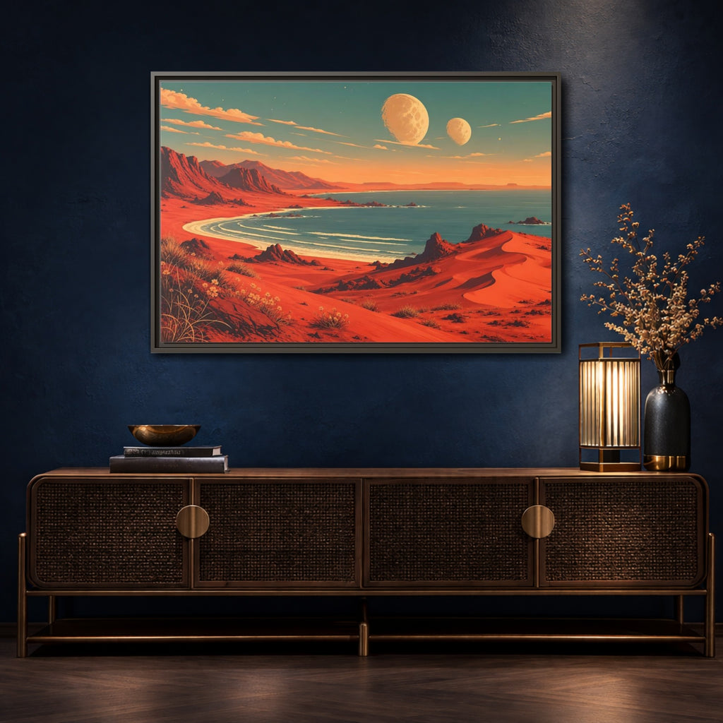 Mockup 4. Science Fiction Red Landscape Red And Blue shown as stretched canvas wall art