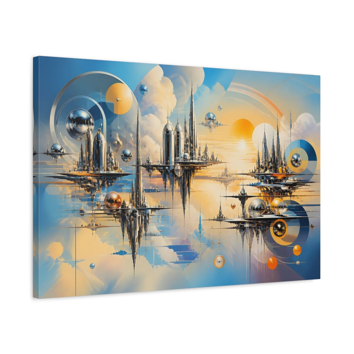 Side Mockup 2. Science Fiction Sky City Blue Orange Cityscape shown as stretched canvas wall art