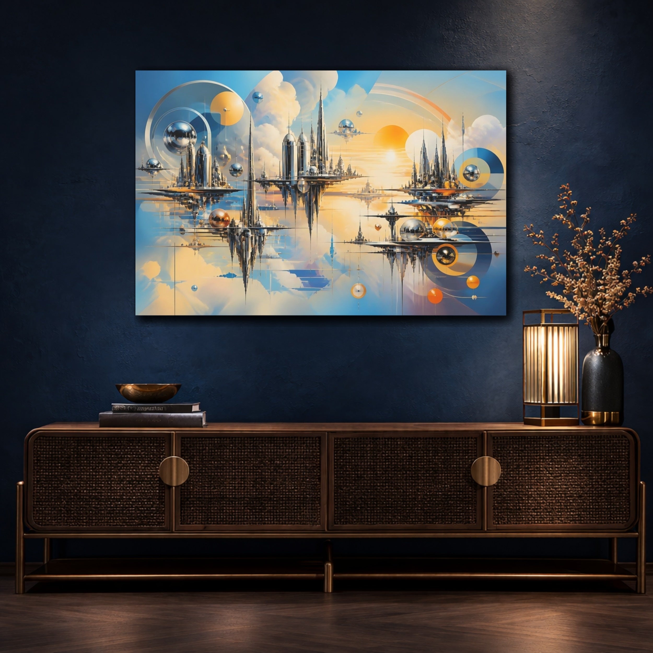 Mockup 4. Science Fiction Sky City Blue Orange Cityscape shown as stretched canvas wall art