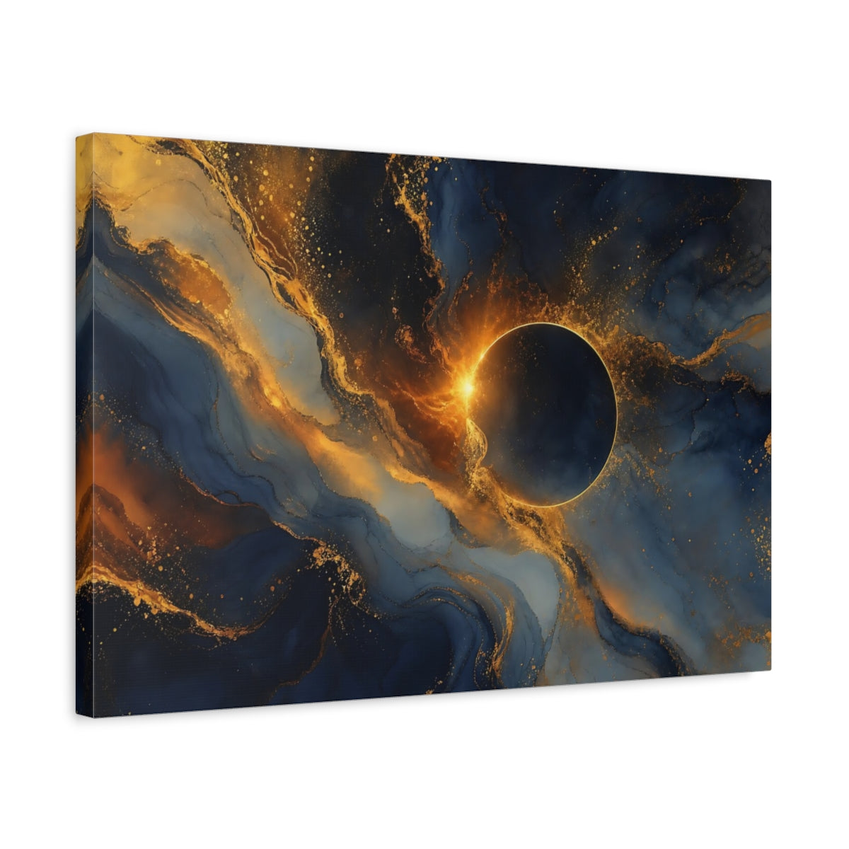 Side Mockup 3. Science Fiction Solar Eclipse Blue And Gold shown as stretched canvas wall art