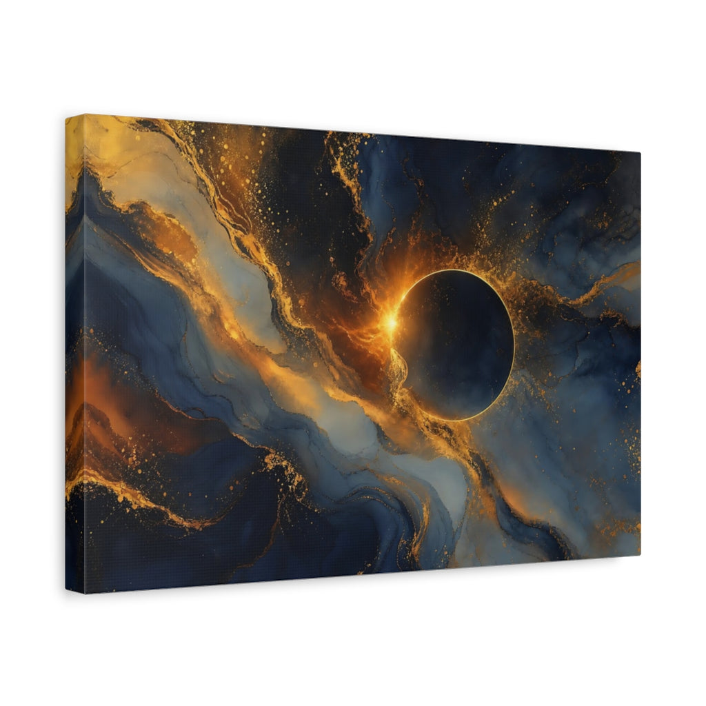 Side Mockup 4. Science Fiction Solar Eclipse Blue And Gold shown as stretched canvas wall art