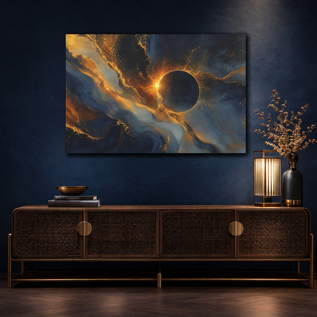 Mockup 4. Science Fiction Solar Eclipse Blue And Gold shown as stretched canvas wall art