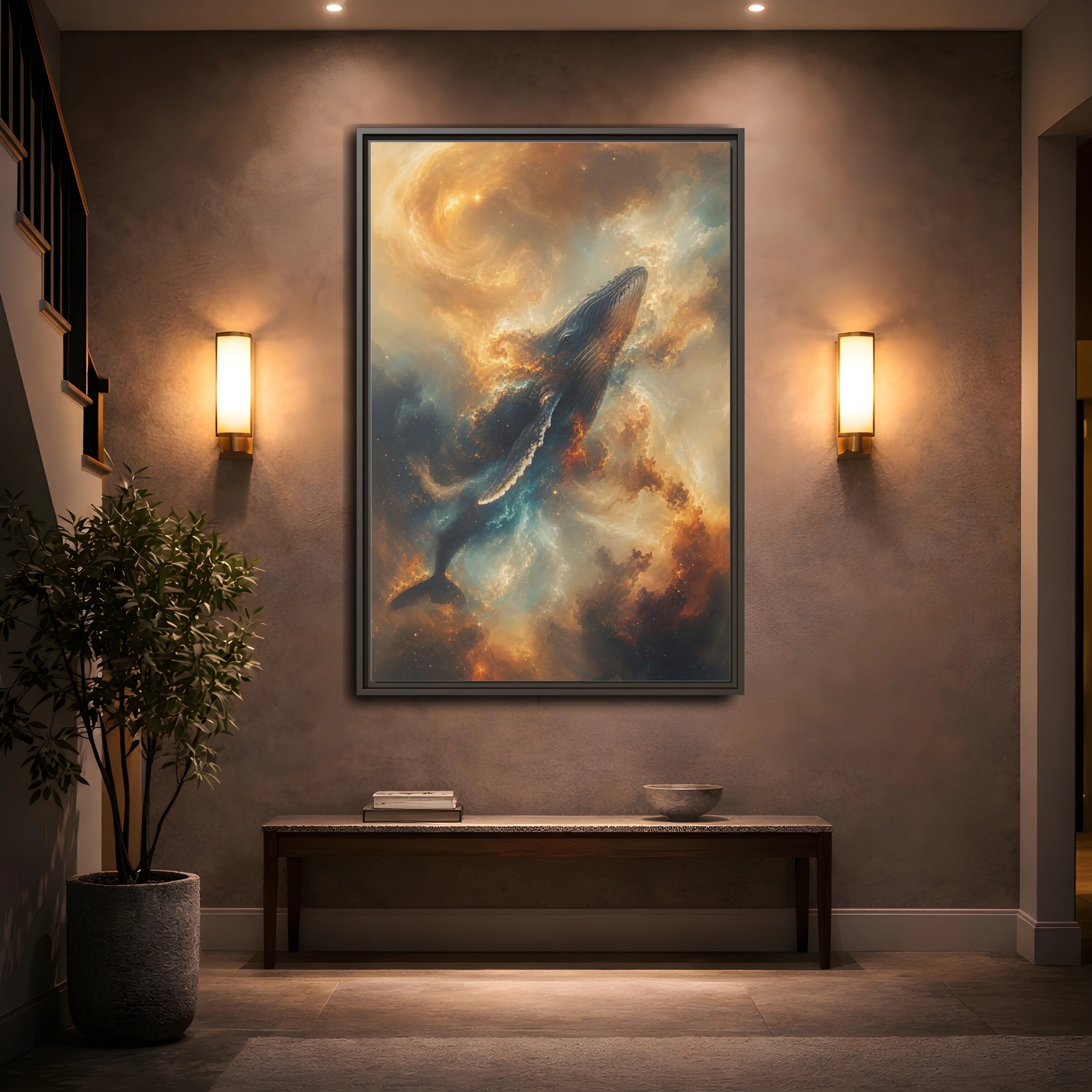 Mockup 2. Science Fiction Whale Cosmic Whale shown as stretched canvas wall art
