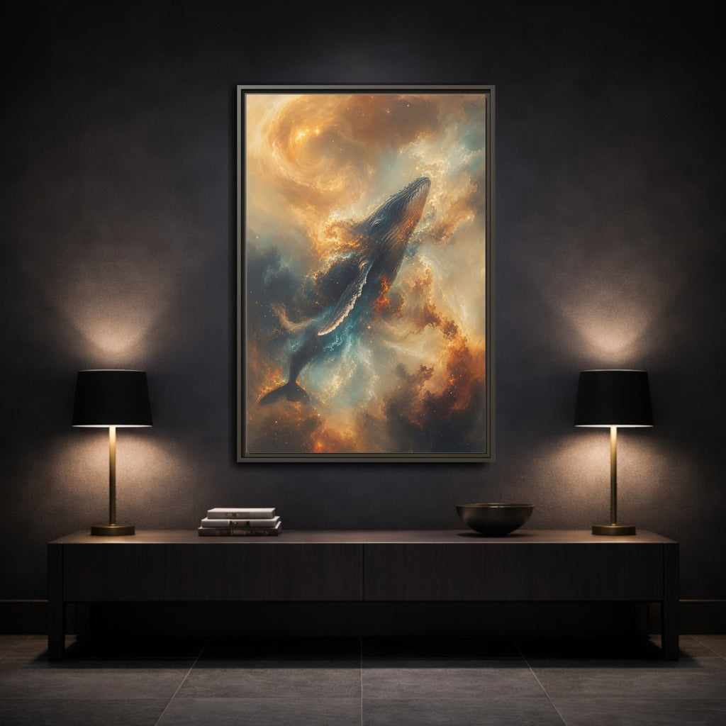 Mockup 3. Science Fiction Whale Cosmic Whale shown as stretched canvas wall art
