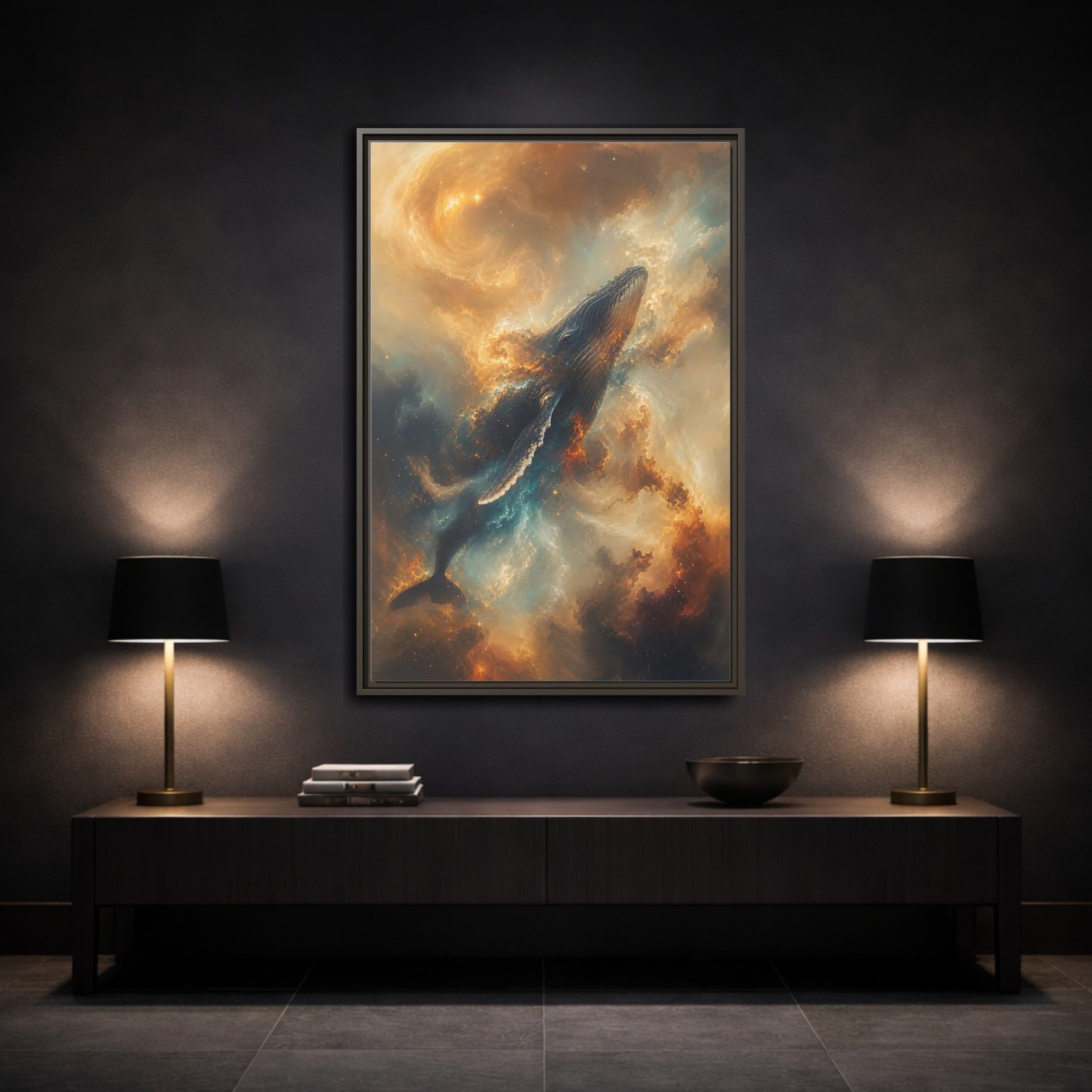 Mockup 3. Science Fiction Whale Cosmic Whale shown as stretched canvas wall art