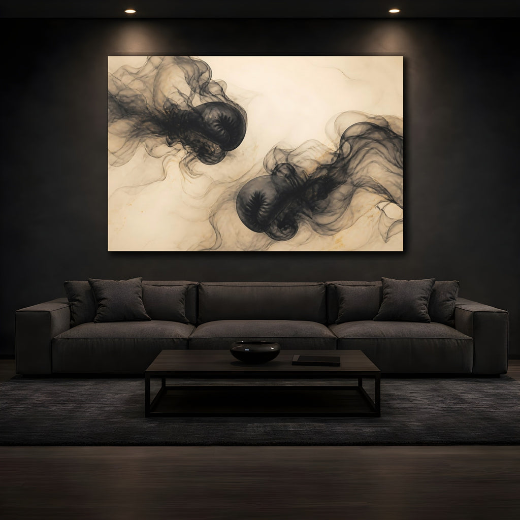 Mockup 3. Sports Boxing Gloves Black Gold Boxing shown as stretched canvas wall art