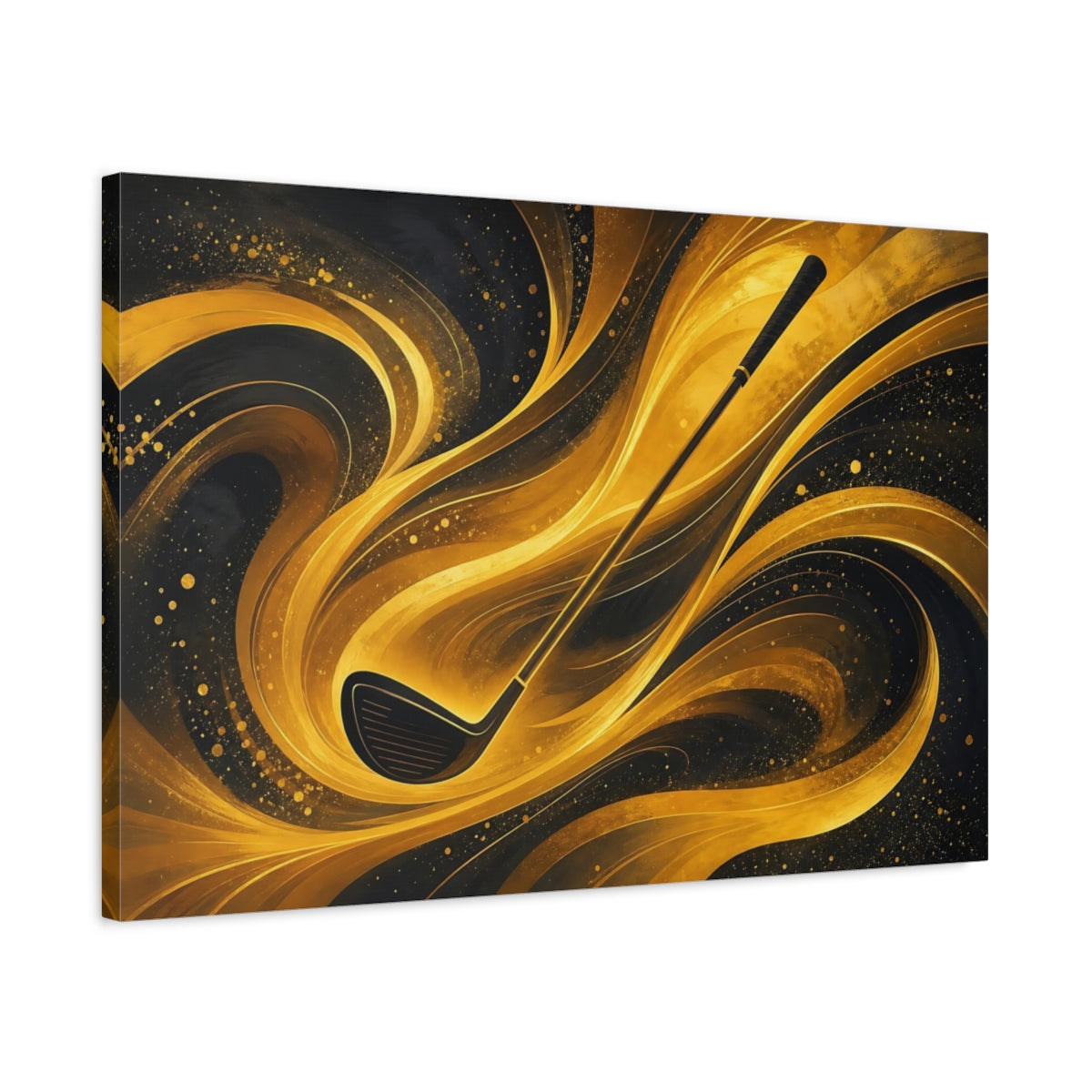 Side Mockup 2. Sports Golf Club Gold And Black shown as stretched canvas wall art