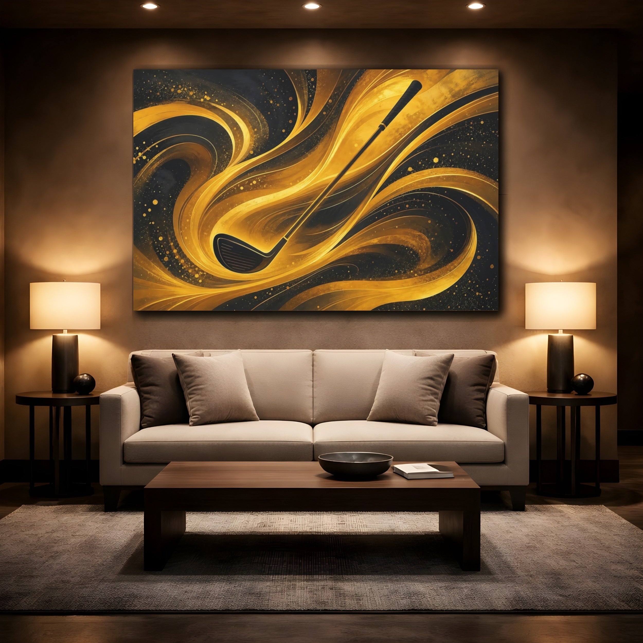 Mockup 2. Sports Golf Club Gold And Black shown as stretched canvas wall art